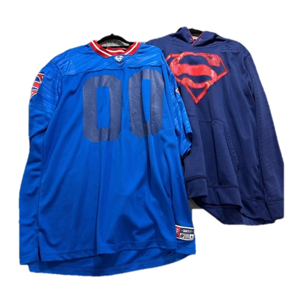 Superman 2 Piece Lot Mens L Blue Football Jersey 00 + Hoodie DC Comics Casual